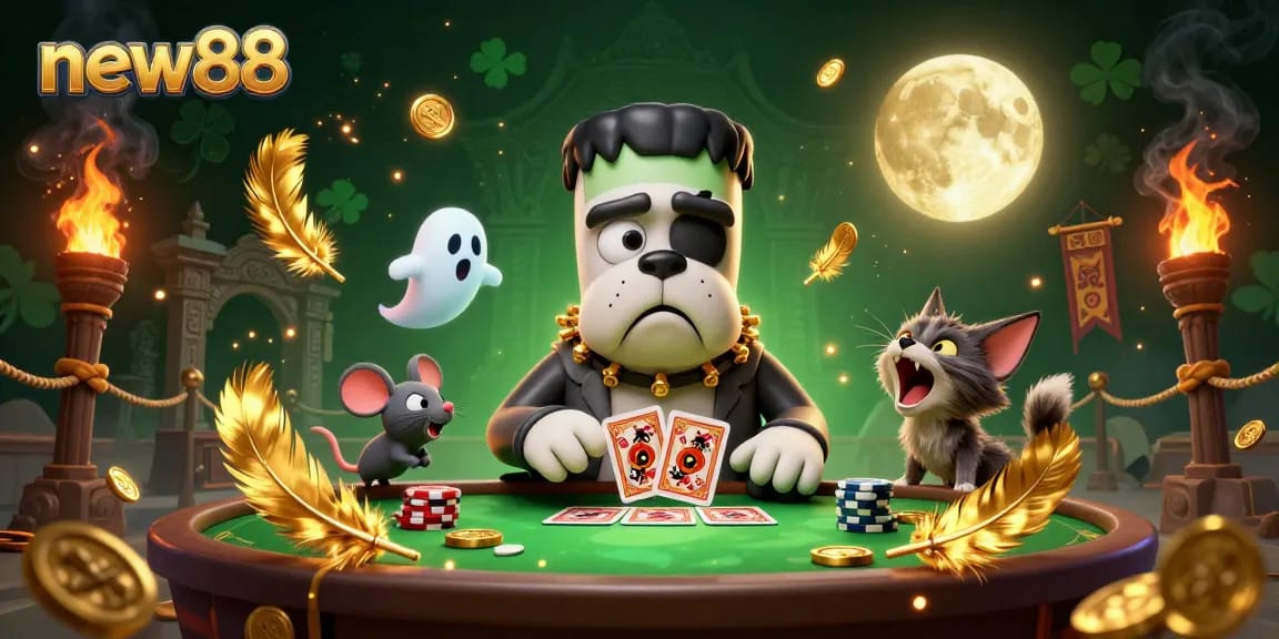 Engage in thrilling gameplay at new88 with a cartoon bulldog dealer, ghost mouse, and werewolf kitten.