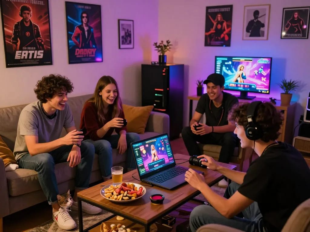 Group of friends enjoying online porn games in a cozy living room with vibrant gaming decor.