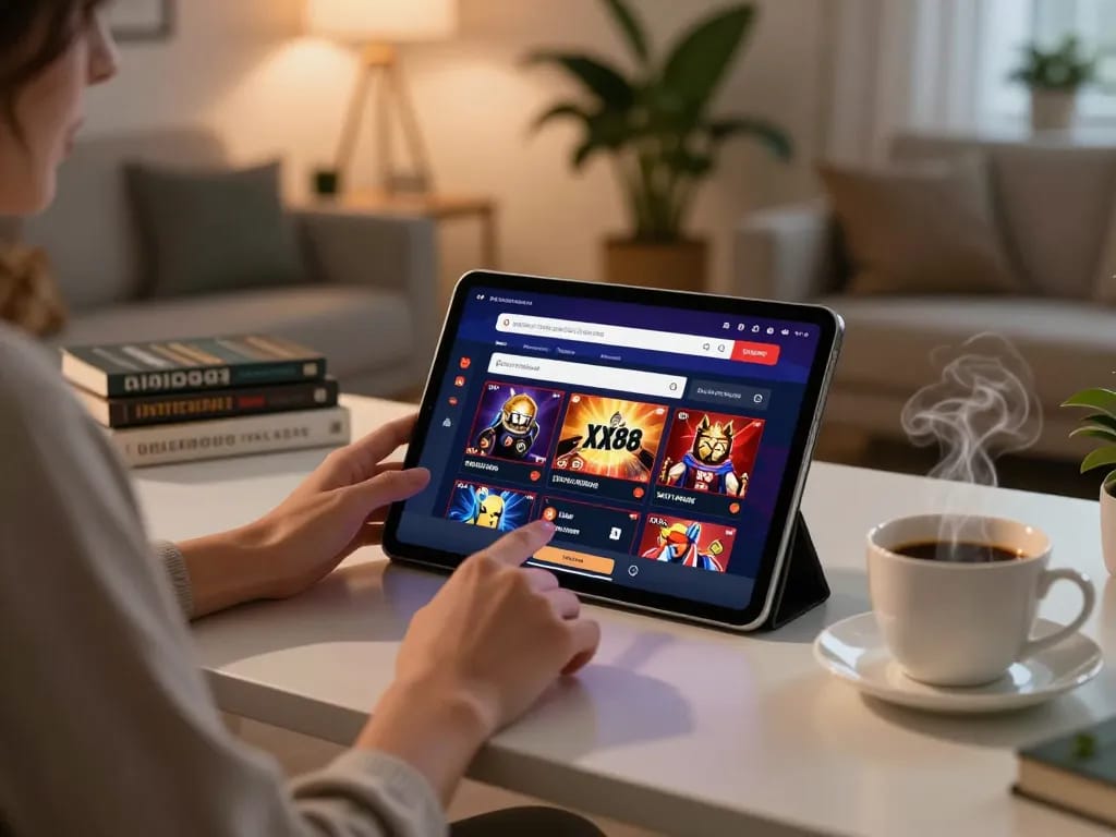 Engaging with XX88 TODAY app on a tablet for a cozy online gambling experience.