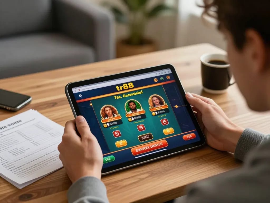Player utilizing tr88 website for online betting strategies in a cozy home environment.