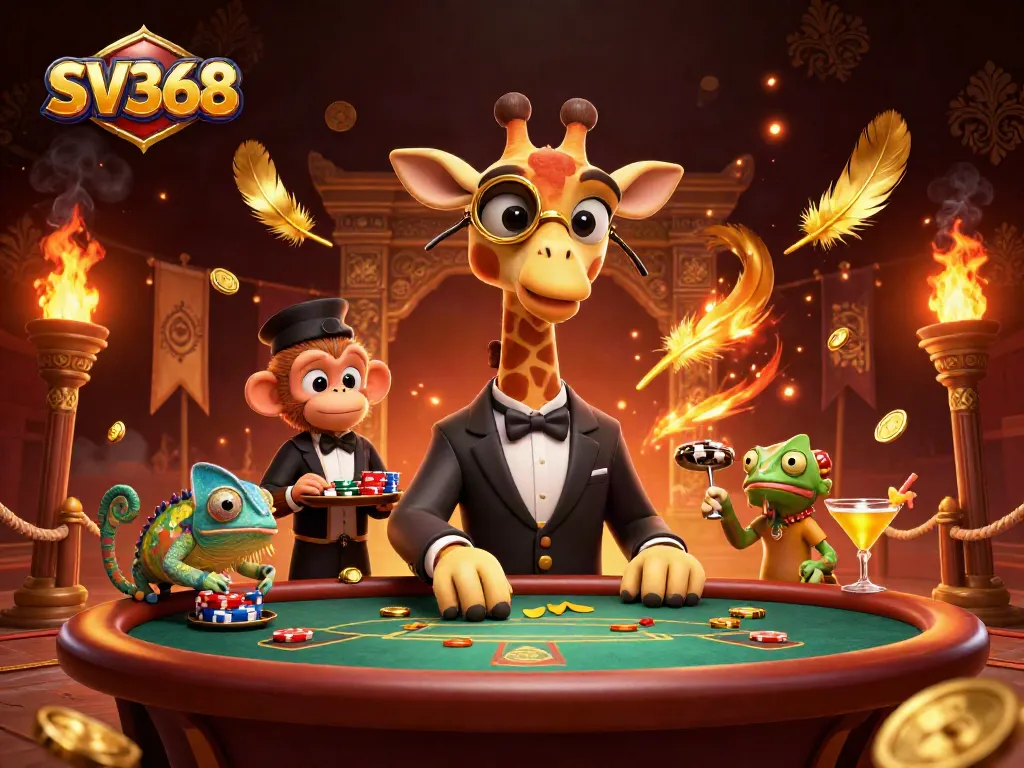 SV368 poker high-roller giraffe at a VIP table with casino elements and golden ambiance.