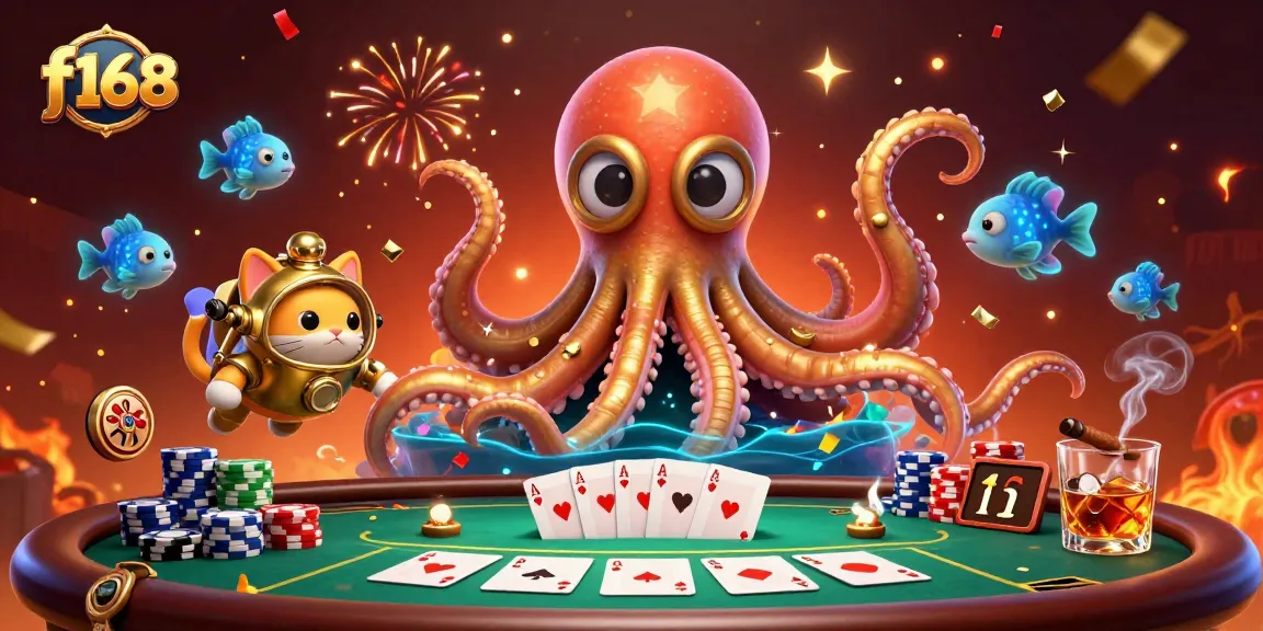 Experience the thrill of f168 casino with a kraken, diving cat, and poker action!