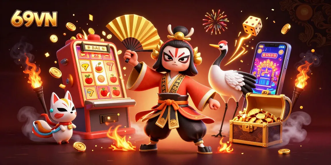 Engage with 69VN's spectacular gaming experience featuring a dynamic kabuki warrior and vibrant casino elements.