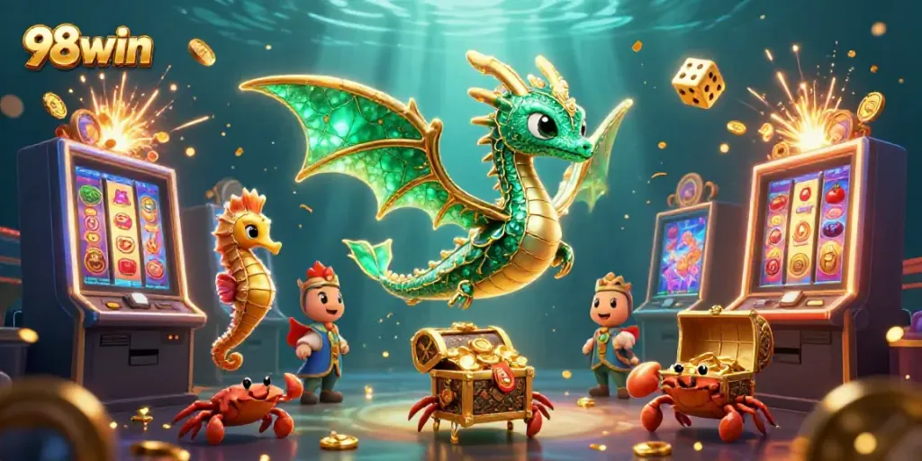 Engage in exciting gambling adventures at 98win with a vibrant 3D illustration featuring a sea dragon and slot machines.