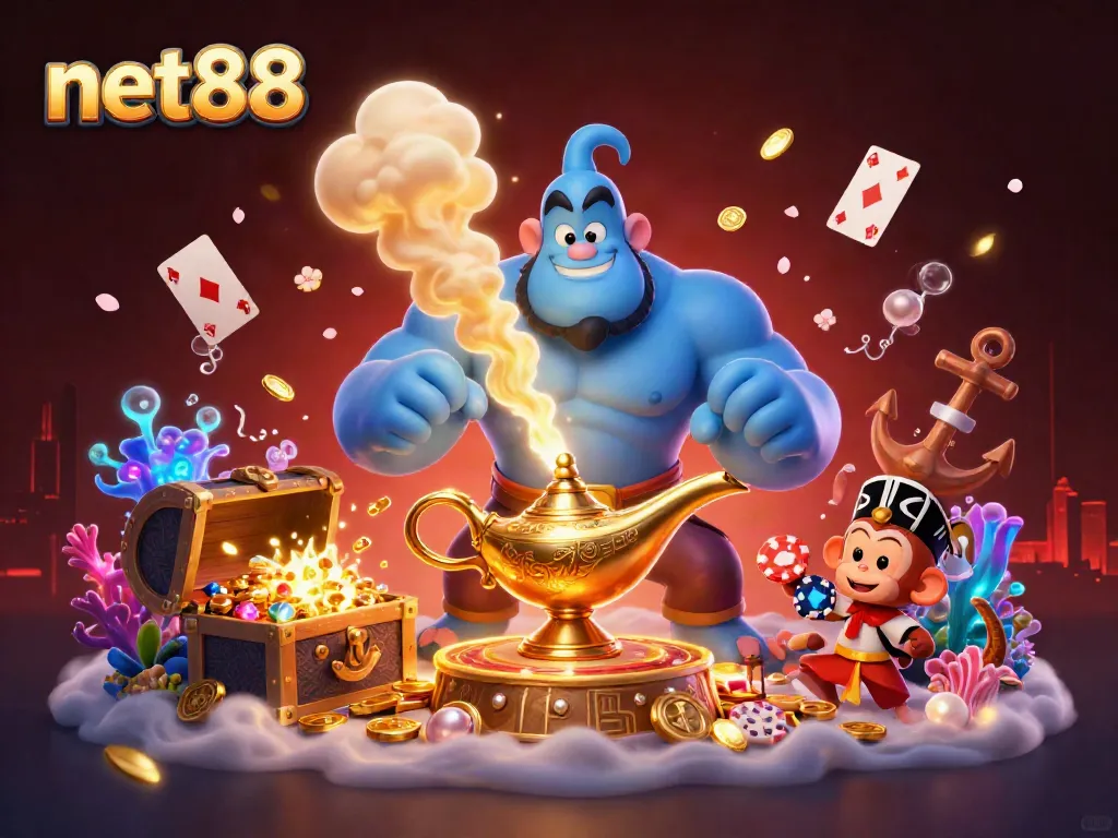 Engage with net88's immersive casino experience featuring colorful characters amidst golden treasures.