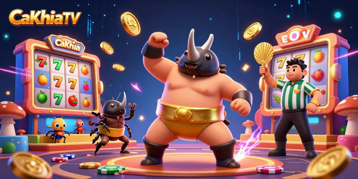CaKhiaTV showcases a thrilling casino scene with a sumo beetle champion amidst flying gold coins.