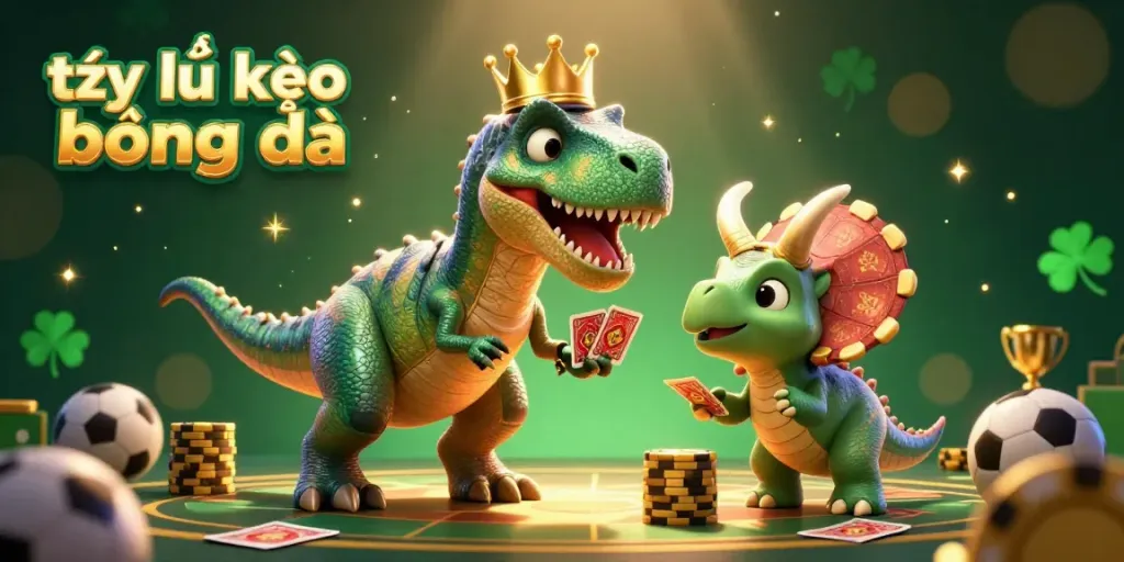 Experience thrilling sports betting with tỷ lệ kèo bóng đá as characters play amidst chips and trophies.