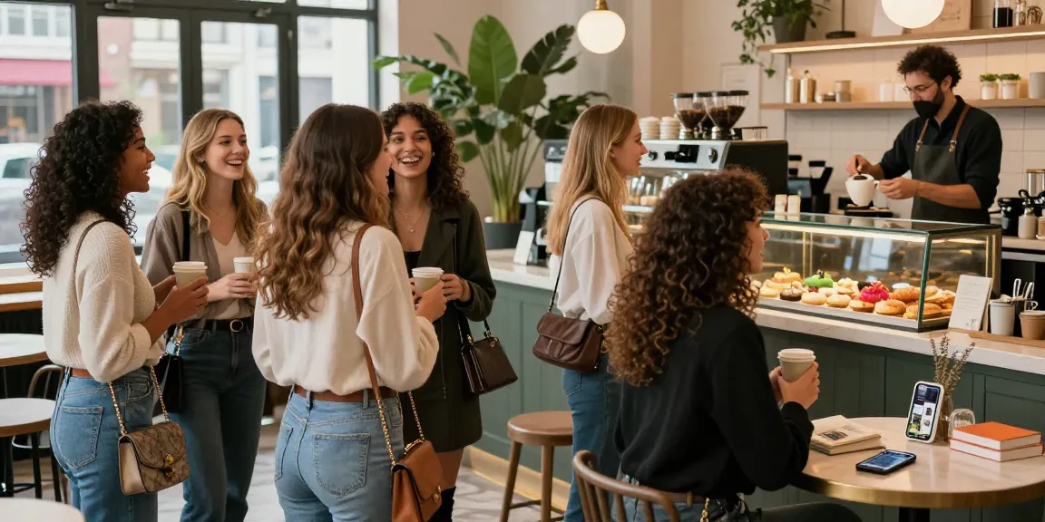Những cô gái gọi vui vẻ tại quán cà phê hiện đại, thể hiện phong cách thời trang riêng biệt.