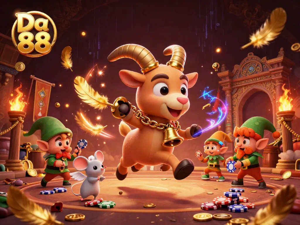 Spin the reels at Da 88 with a dynamic casino scene featuring whimsical characters and exciting gaming elements.