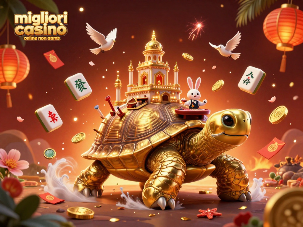 Gioca nei migliori casinò online non AAMS con una scena festosa di una tartaruga d'oro e un dealer di carte.
