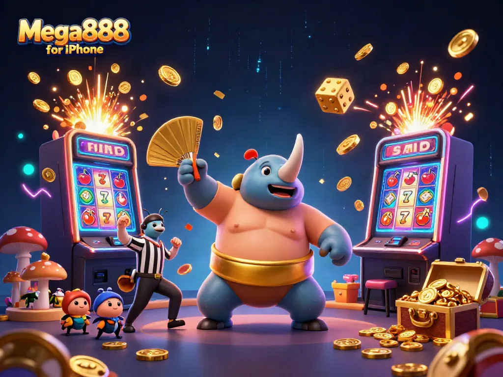 Experience Mega888 for iPhone with vibrant slot machines and a lively sumo champion scene.