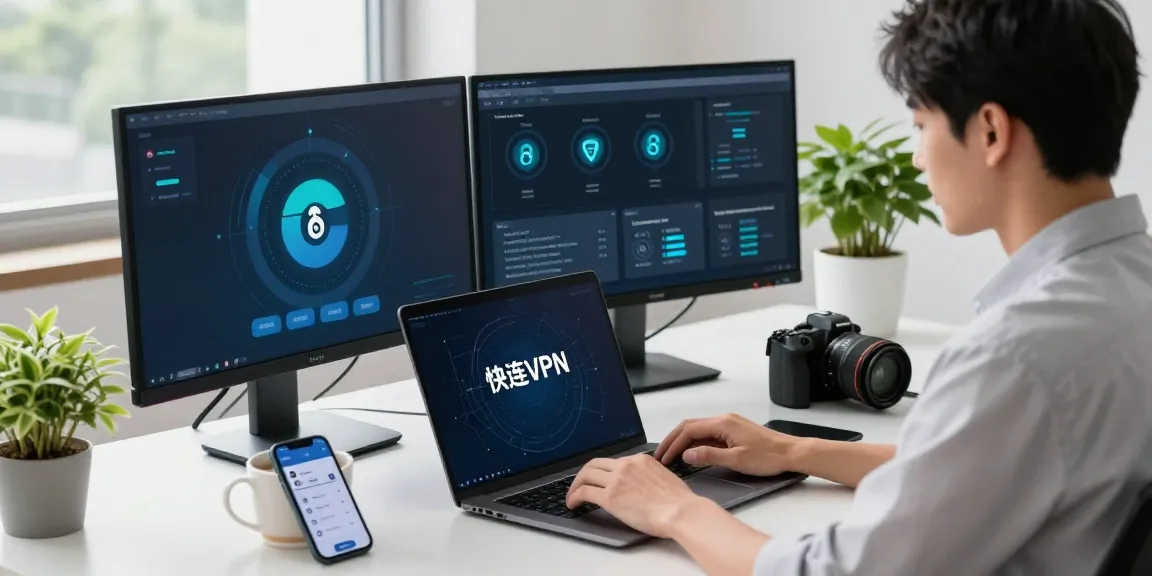 Using快连 VPN for secure and fast internet access at a modern workspace.