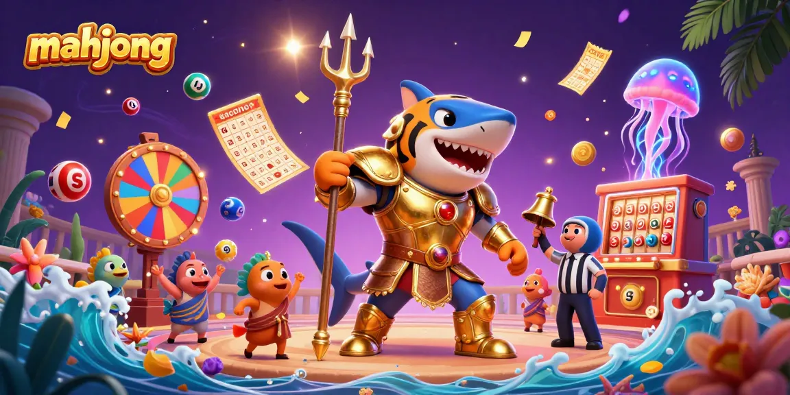 Engage with thrilling mahjong gameplay featuring a fierce golden shark as a slot champion in vivid underwater action.