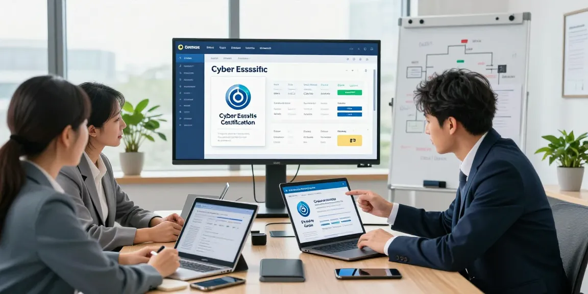 Team discussing Cyber Essentials quote and certification in a modern office.