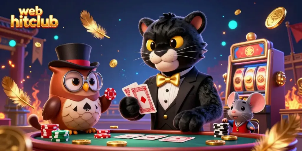Engage with web hitclub in a vibrant casino showdown featuring a stylish panther dealing cards, surrounded by whimsical characters and golden gaming elements.