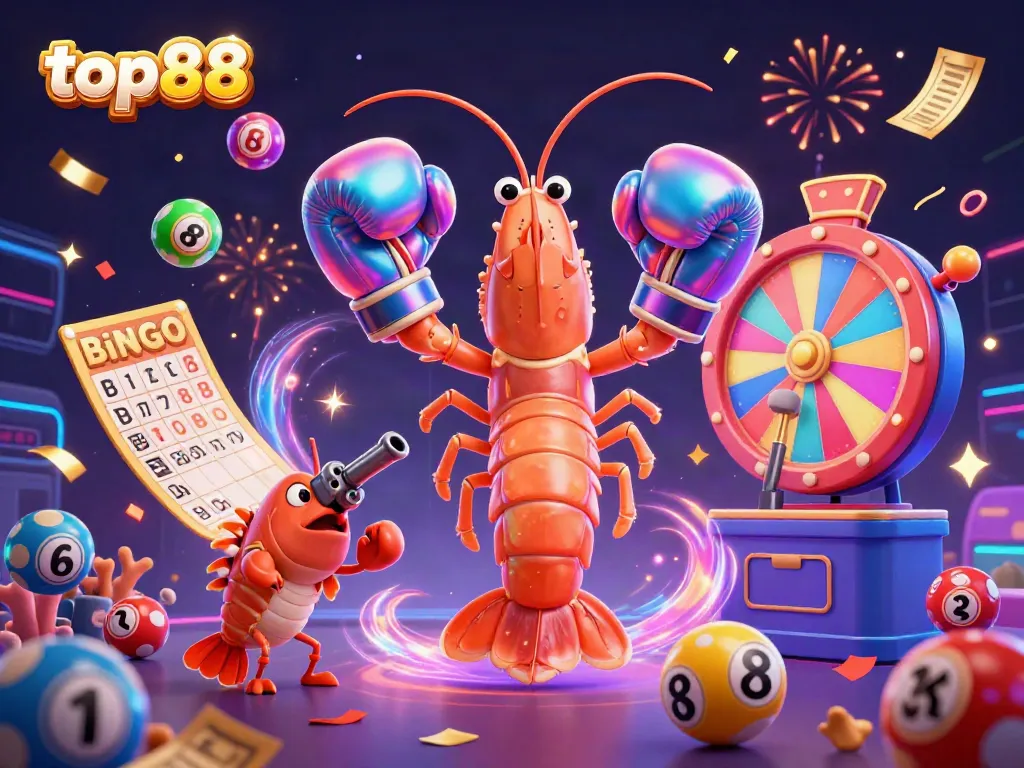Experience top88 excitement with animated lottery characters and vibrant gambling elements in a lively casino atmosphere.