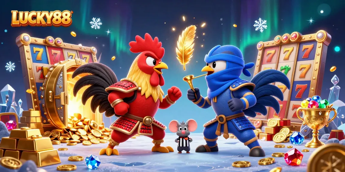 LUCKY88 slot showdown featuring fighting roosters amidst gold coins and vibrant game elements.