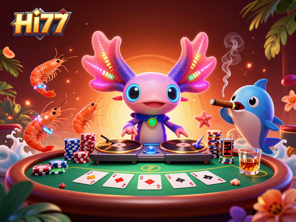 HI77 captivates players with vibrant underwater gaming, showcasing a neon DJ and poker excitement.