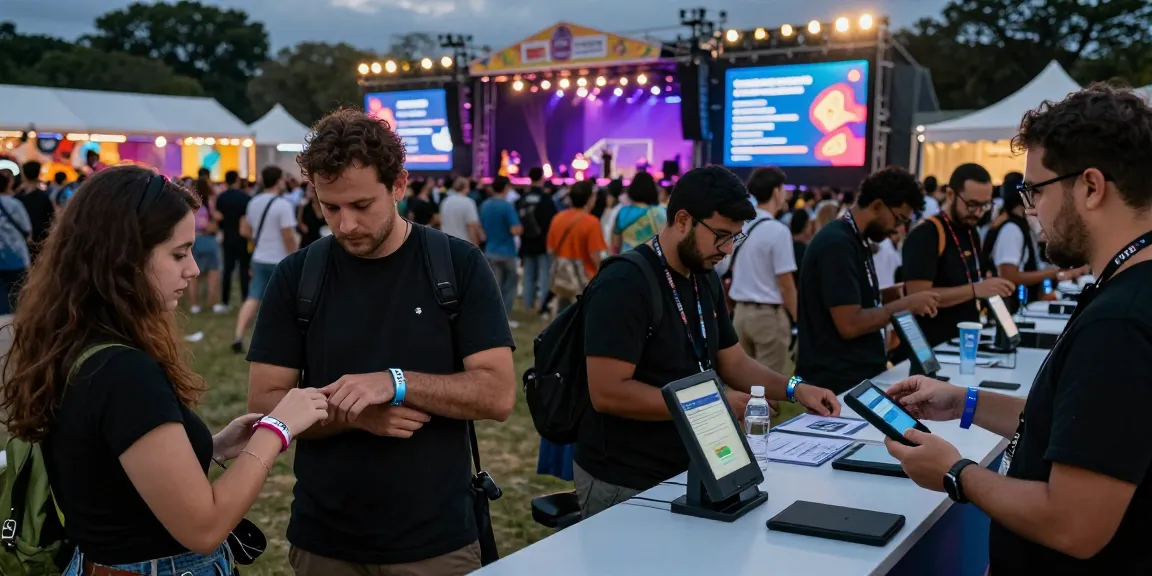 Engaged attendees using pulseras NFC para eventos for seamless access and payments at a vibrant festival.