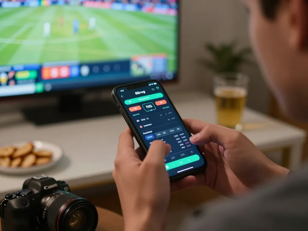 Engaged player using the 88vvgo app for live sports betting in a cozy home setup.