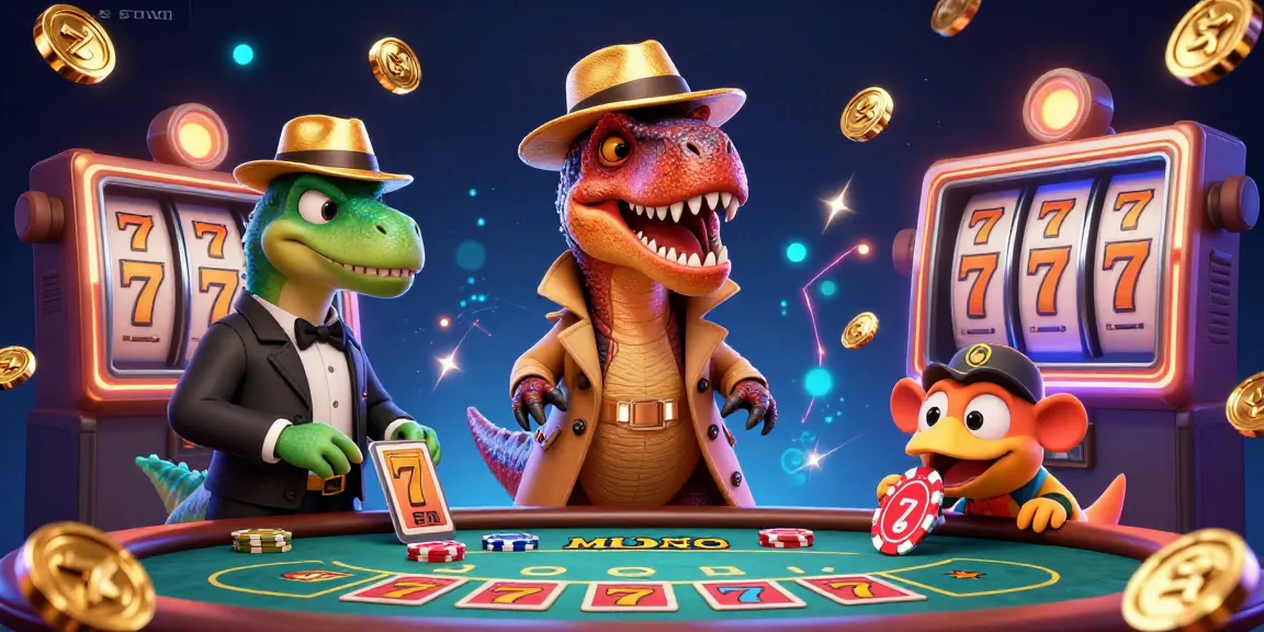 Experience thrilling gameplay with sunwin as a velociraptor sneaks at a blackjack table surrounded by neon effects.