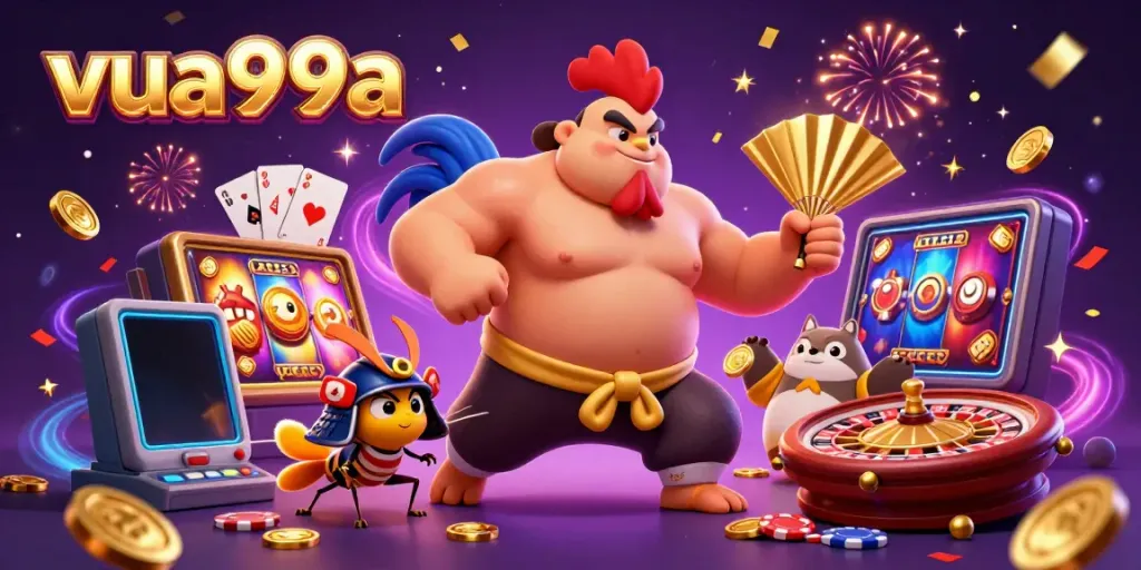 Experience exciting gameplay with vua99a featuring a powerful sumo rooster, a fierce cricket, and a tanuki announcer amidst vibrant slot games and casino elements.