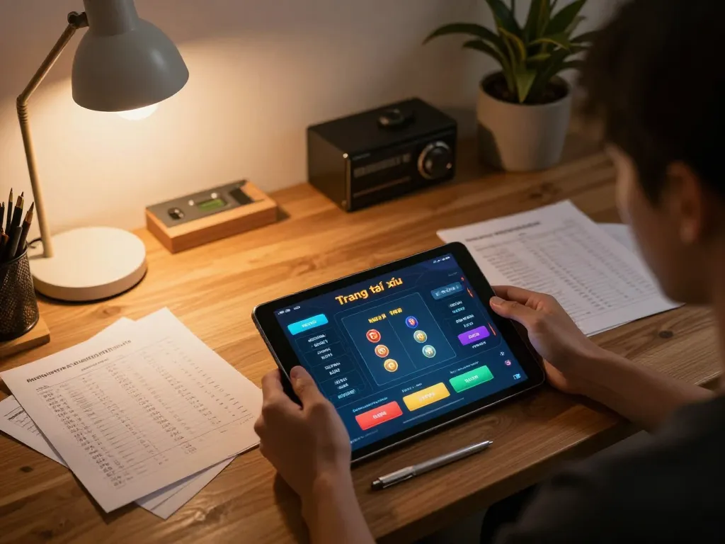 Playing Trang tài xỉu online on tablet, showcasing strategy notes and responsible gaming.
