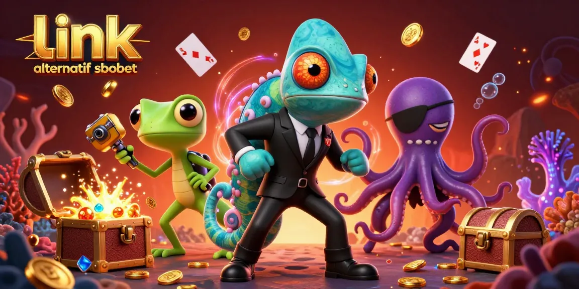 Engage with link alternatif sbobet for secure betting, featuring vibrant casino-themed 3D characters.