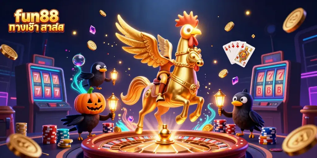 Experience vibrant fun88 ทางเข้า ล่าสุด in a dynamic 3D casino scene filled with gold coins and gaming elements.