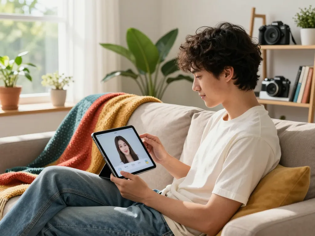 Engaging with an ai gf application in a cozy modern living room.