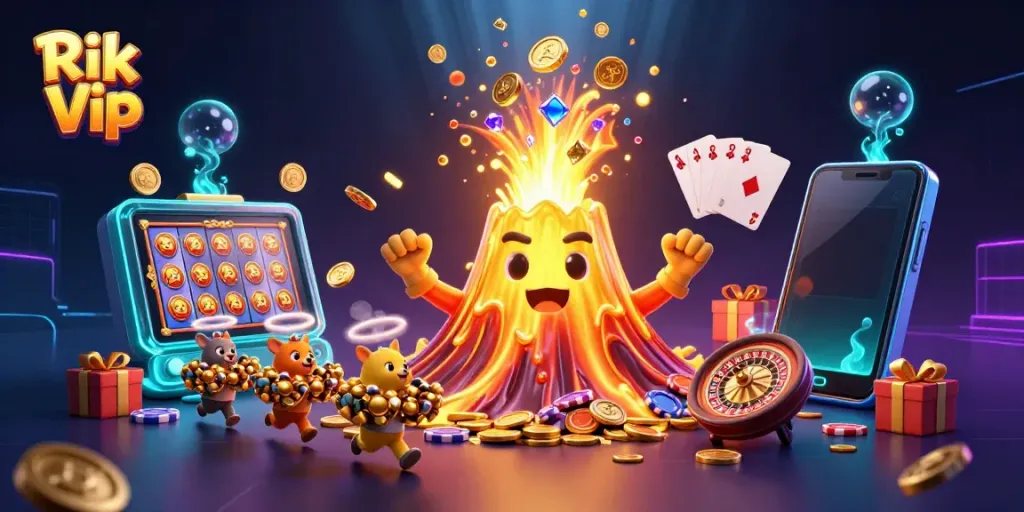 Experience the thrill of Rik Vip with golden treasure erupting from a glorious volcano.