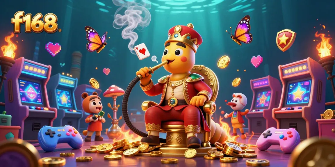 Experience f168's vibrant casino world with a caterpillar sultan and glowing game elements.