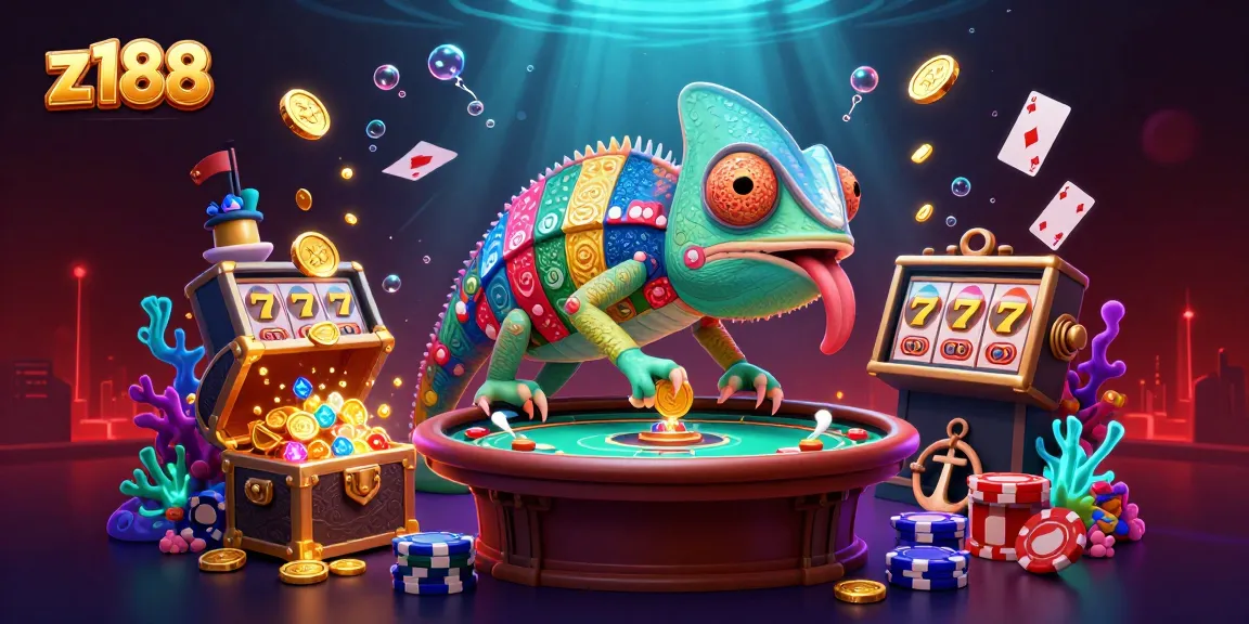 Engage with exciting games at z188's vibrant casino scene filled with gold coins and playful chameleon.