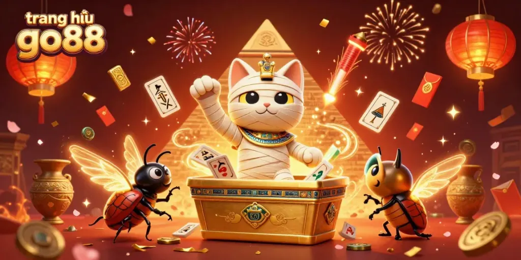 Experience excitement at trang chủ go88 with a dynamic illustration of a mummy cat and glowing scarab amid casino elements.