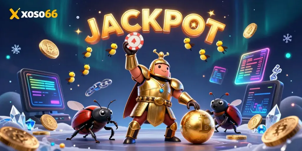 Experience the thrills of xoso66 with a heroic beetle lifting a poker chip, surrounded by dynamic gaming elements.