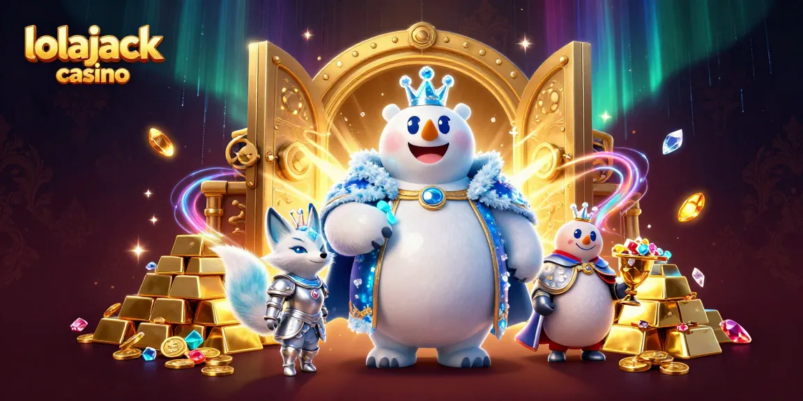 Experience the thrill of lolajack casino with a dazzling illustration of characters amidst treasures and gaming elements.