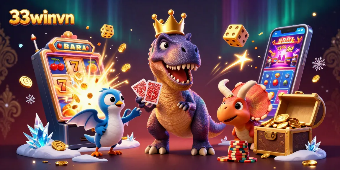 Engage with thrilling 33winvn casino experience featuring a T-Rex and friends amidst a jackpot explosion.