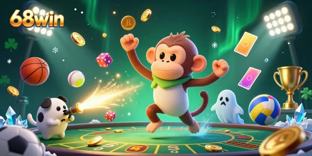 Experience thrilling moments at 68win with a cartoon monkey and puppy in a vibrant gaming scene.
