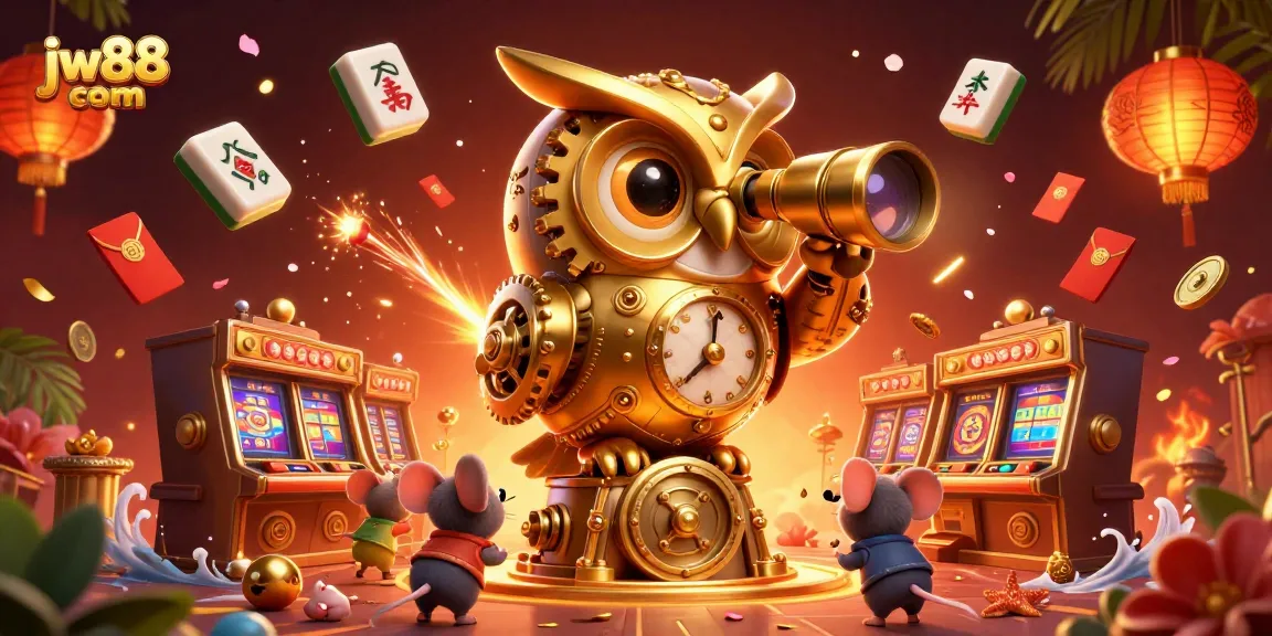 Explore dynamic gaming scenes at jw88 com with a whimsical clockwork owl amidst vibrant casino elements.