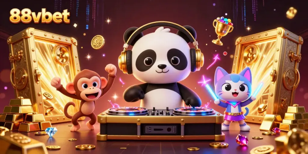 Experience the excitement of 88vbet with animated characters in a vibrant casino environment.