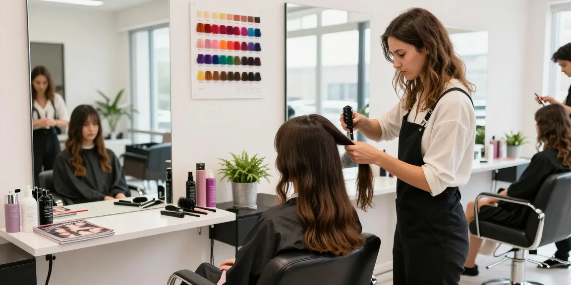 Hairstylist demonstrating the latest hair style trend with extensions in a modern salon.