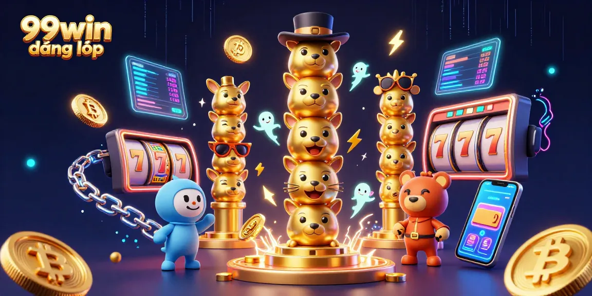 Experience the excitement of 99win đăng nhập with vibrant casino themes and crypto elements in this dynamic illustration.