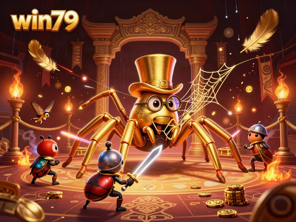 Experience the thrilling win79 ambiance with a golden tarantula, beetle knight, and captivating casino details.