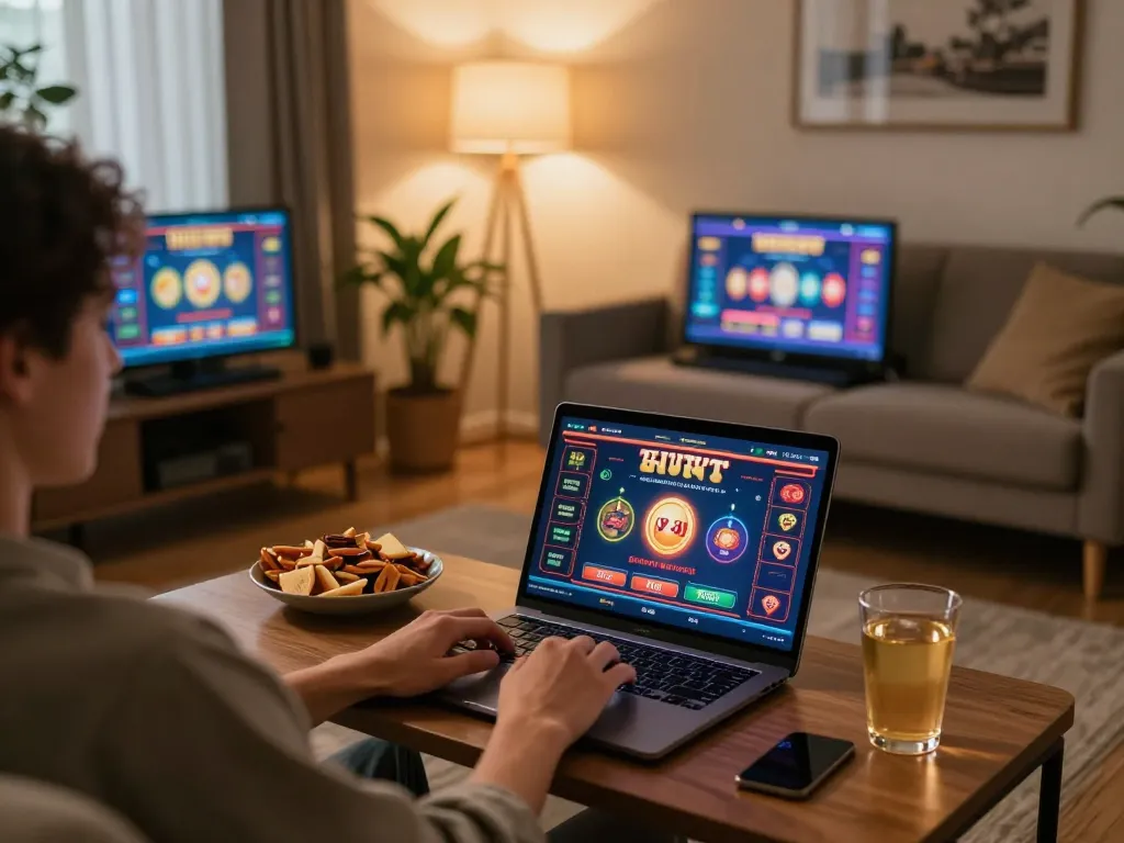 Engaging scene of a player enjoying MM88 TODAY online casino games in a cozy living room.