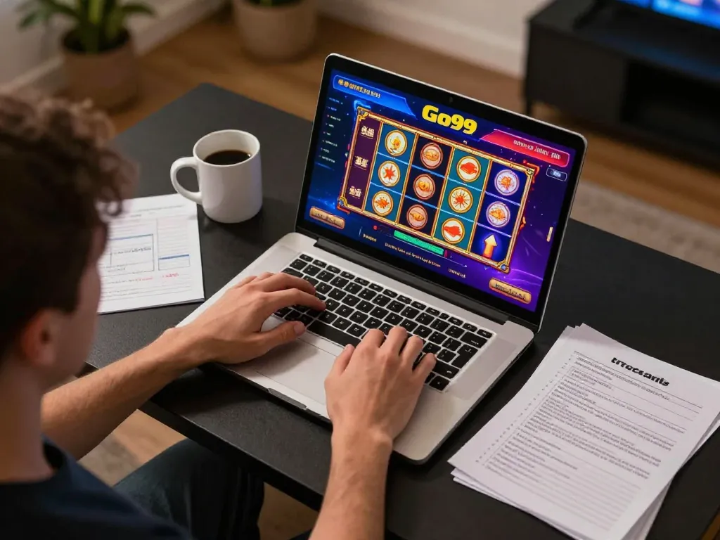 Player enjoying Go99 casino slots at home, showcasing a vibrant gaming setup.