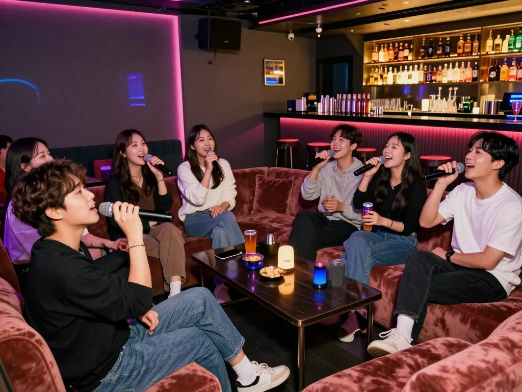 음료를 즐기고 노래하는 친구들과 함께 서구청쓰리노의 활기찬 분위기를 보여주는 프라이빗 노래방 경험.