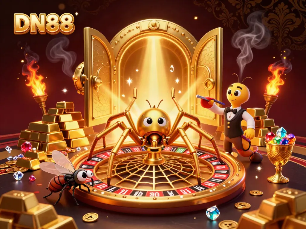 Experience thrilling gameplay at DN88 with a festive roulette wheel and treasure-filled backdrop.