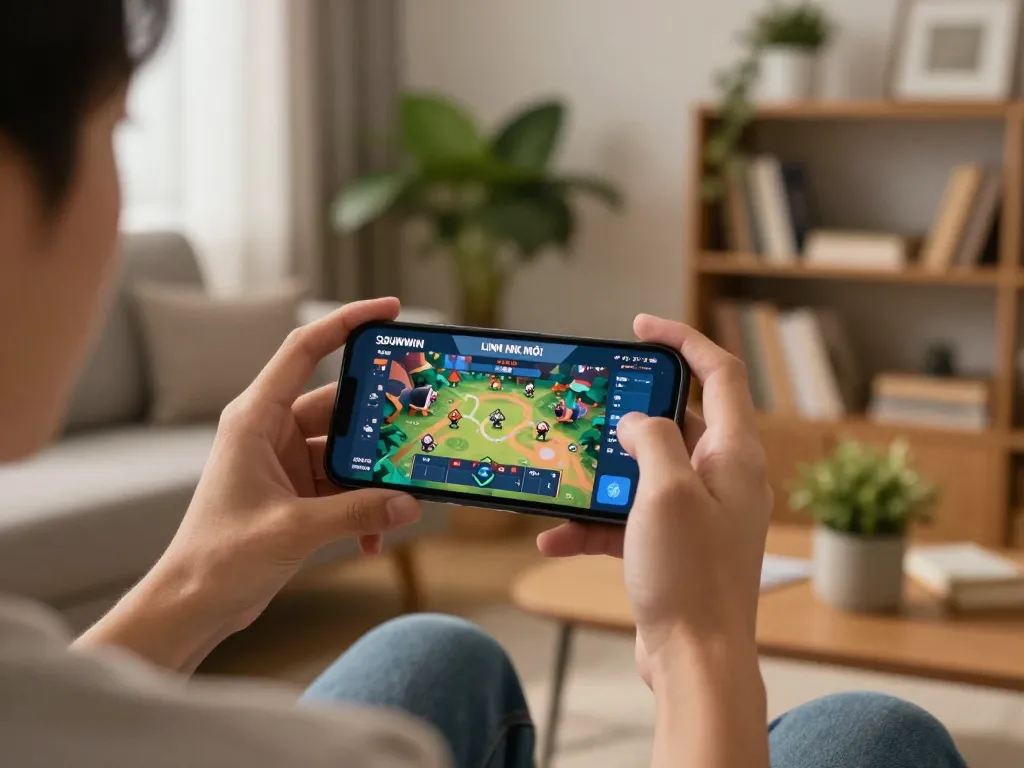 SUNWIN LINK MỚI app shown on smartphone, highlighting mobile gaming experience in a cozy living room.