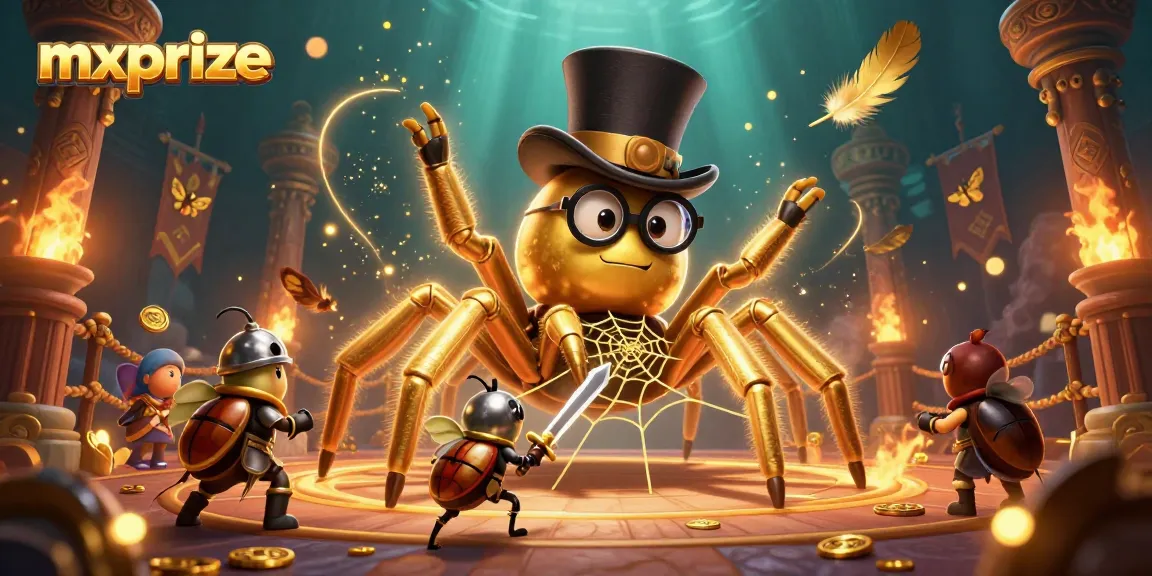 Experience the thrill of mxprize with a dynamic scene featuring a golden tarantula creating excitement between casino pillars.