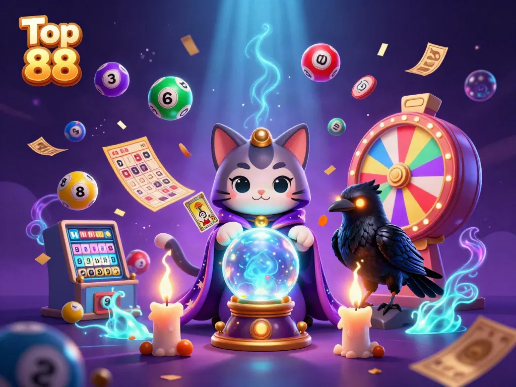 Engaging scene of Top 88 showcasing a mystic cat and a raven, surrounded by dynamic lottery elements.